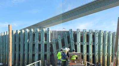 Maintenance on the dolphins protective barriers under the Sunshine Skyway Bridge (May 2026)