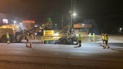 Looking west at paving operations on southbound US 19 (February 2026 photo)