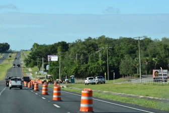 Looking south on US 301 at the southbound lane closure approaching Wire Road to the left (5-14-2026 photo)