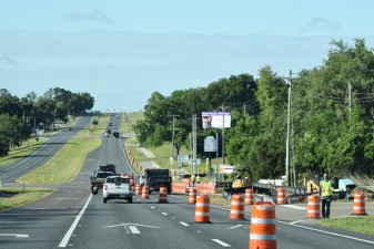 Looking south on US 301 at the southbound lane closure approaching Wire Road to the left (5-14-2026 photo)