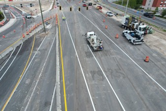 The SR 56 roadway is restriped for the Diverging Diamond Interchange traffic pattern (5/1/2022 photo)