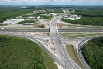 Looking east at SR 56 over I-75 right after the Diverging Diamond Interchange opened to traffic (5/1/2022 photo)