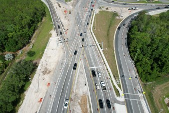 Looking east on the west side of I-75 at SR 56 traffic moving through the just-opened Diverging Diamond Interchange (5/1/2022 photo)