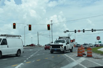 Westbound SR 56 traffic drives through the Diverging Diamond Interchange (8/12/2022 photo)