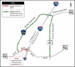 Detour map for closure of eastbound SR 56 at I-75