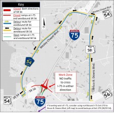 Detour map for closure of SR 56 over I-75