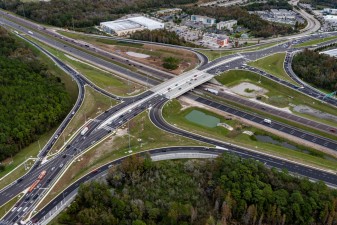 Looking northeast over SR 56 at the I-75 Diverging Diamond Interchange (12/16/2022 photo)