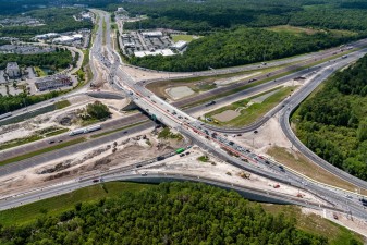 Looking southeast over the I-75 / SR 56 area now in the diverging diamond interchange traffic pattern (5/17/2022 photo)