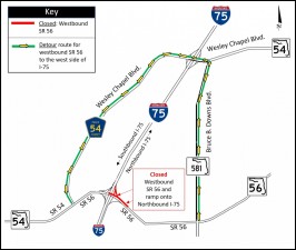 Detour map for closure of westbound SR 56 at I-75